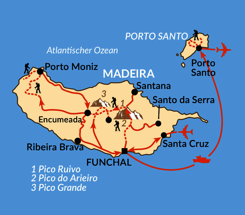 Karte: Inseldurchquerung Madeira und Anschluss auf Porto Santo