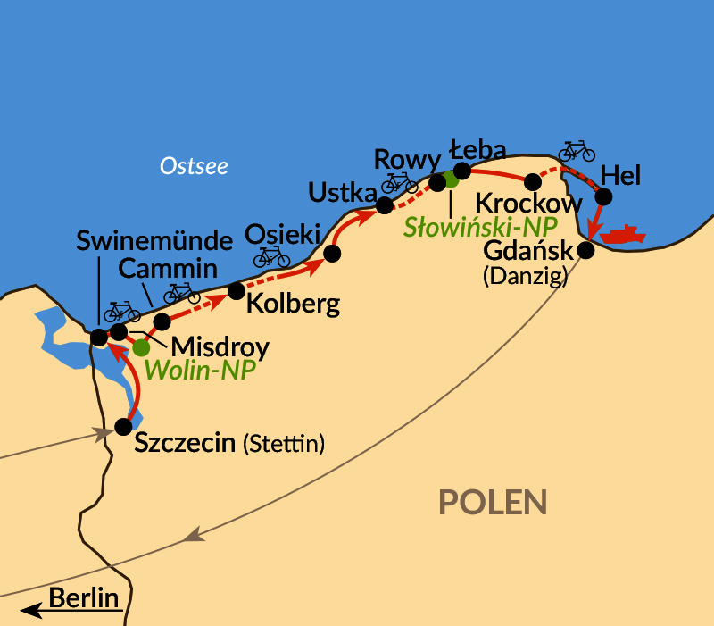 Karte: Die polnische Ostseeküste per Rad