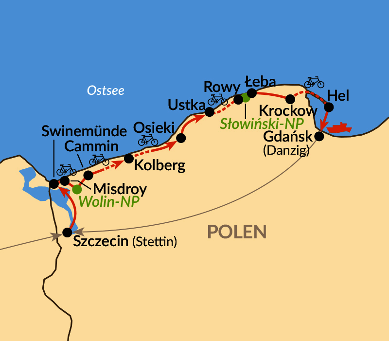 Karte: Die polnische Ostseeküste per Rad