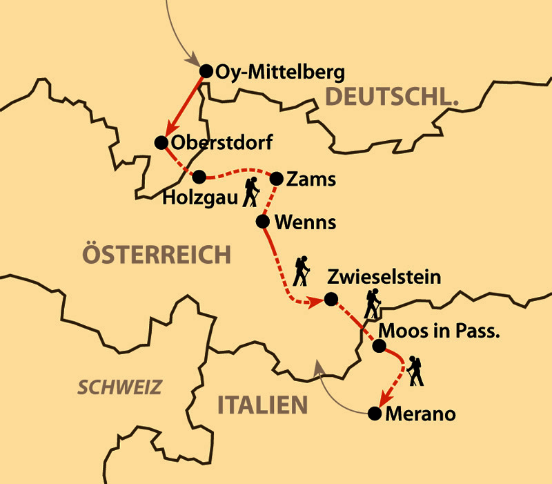 Karte: Alpenüberquerung von Oberstdorf nach Meran (Komfortvariante)
