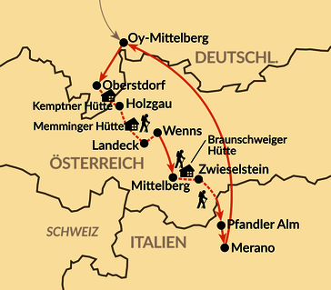Karte: Alpenüberquerung von Oberstdorf nach Meran (Hüttenvariante)