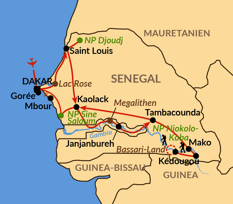 Karte: Von der Atlantikküste zum Gambia-Fluss und bis ins Hügelland der Bassari