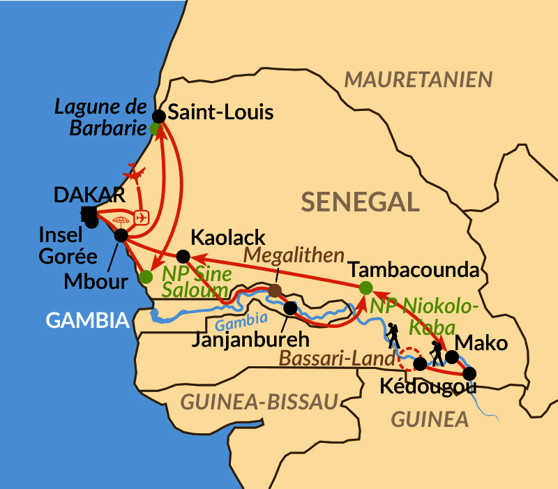 Karte: Von der Atlantikküste zum Gambia-Fluss und bis ins Hügelland der Bassari