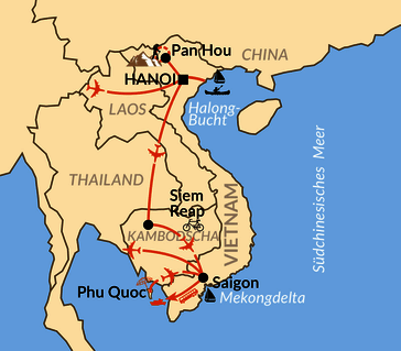 Karte: Vietnams Highlights und Angkor in Kambodscha