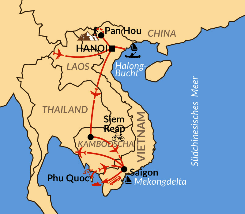 Karte: Vietnams Highlights und Angkor in Kambodscha