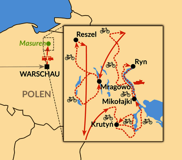 Karte: Radtour zu den Höhepunkten Masurens