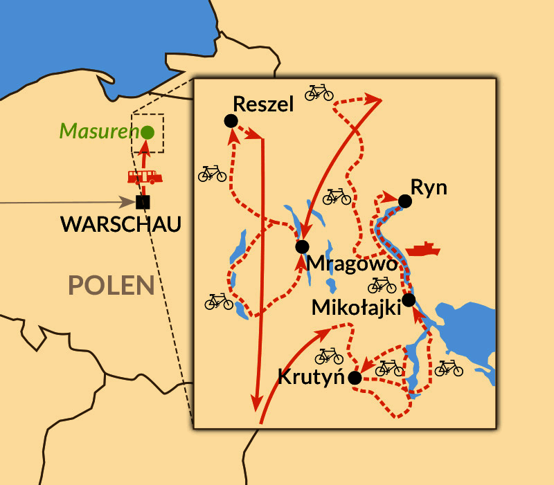 Karte: Radtour zu den Höhepunkten Masurens