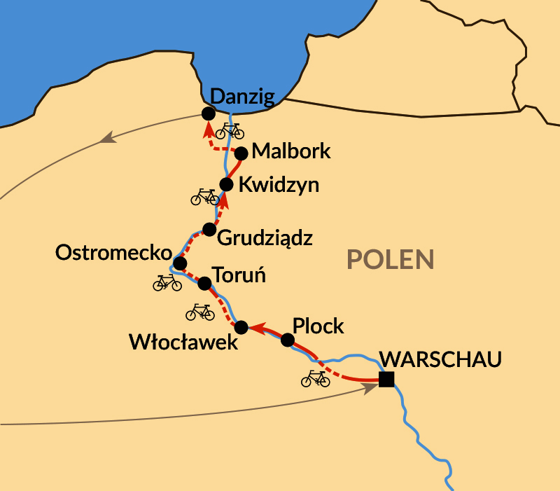 Karte: Radtour nördliche Weichsel - von Warschau bis Danzig