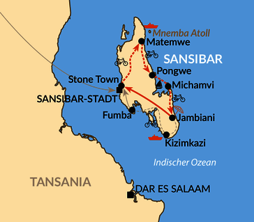 Karte: Reisebaustein: Geführte Fahrradreise durch Natur, Dörfer und zum Strand auf Sansibar