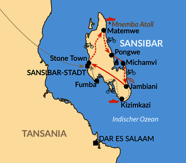 Karte: Reisebaustein: Mit dem Fahrrad zum Strand – geführte Inselumrundung auf Sansibar