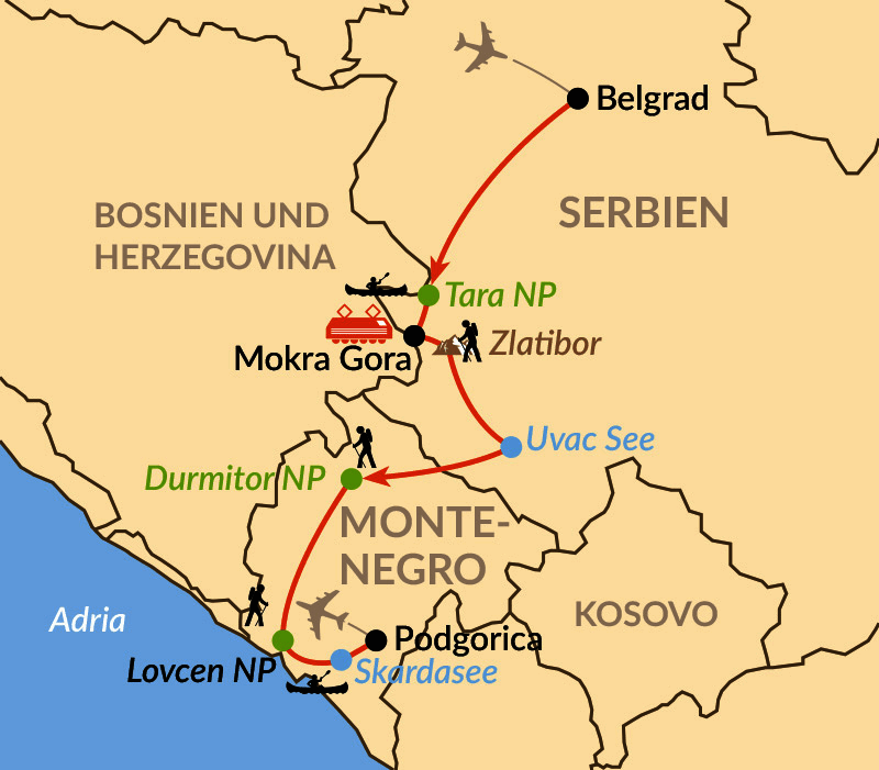 Karte: Wanderabenteuer von Serbien nach Montenegro