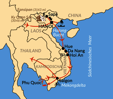 Karte: Vietnam aktiv & intensiv von Norden nach Süden