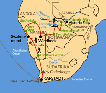 Karte: Von Kapstadt zu den Victoria-Fällen