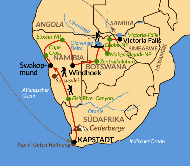 Karte: Von Kapstadt zu den Victoria-Fällen