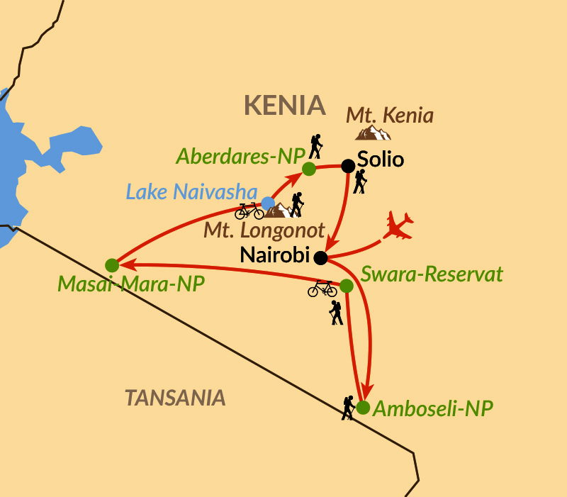 Karte: Aktive Safaris zwischen Mt. Kenya und Kili