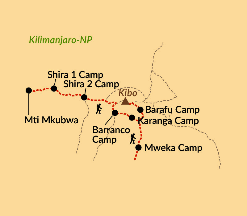 Karte: Kilimanjaro-Besteigung mit entspannendem Ausklang an der heißen Chemka-Quelle