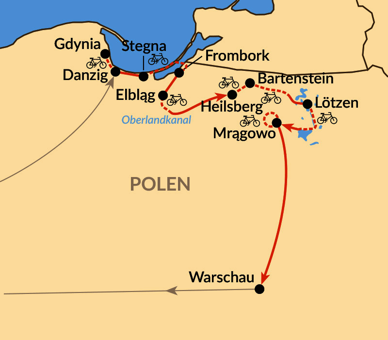 Karte: Per Rad von Danzig über die Frische Nehrung und den Oberländer Kanal nach Masuren