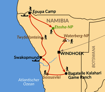 Karte: Von Kalahari bis Kunene: aktiv in Namibias Norden