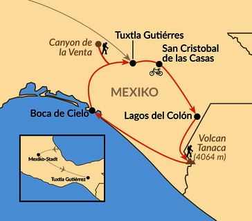 Karte: Aktiverlebnisse und Mexikos Facetten in Chiapas