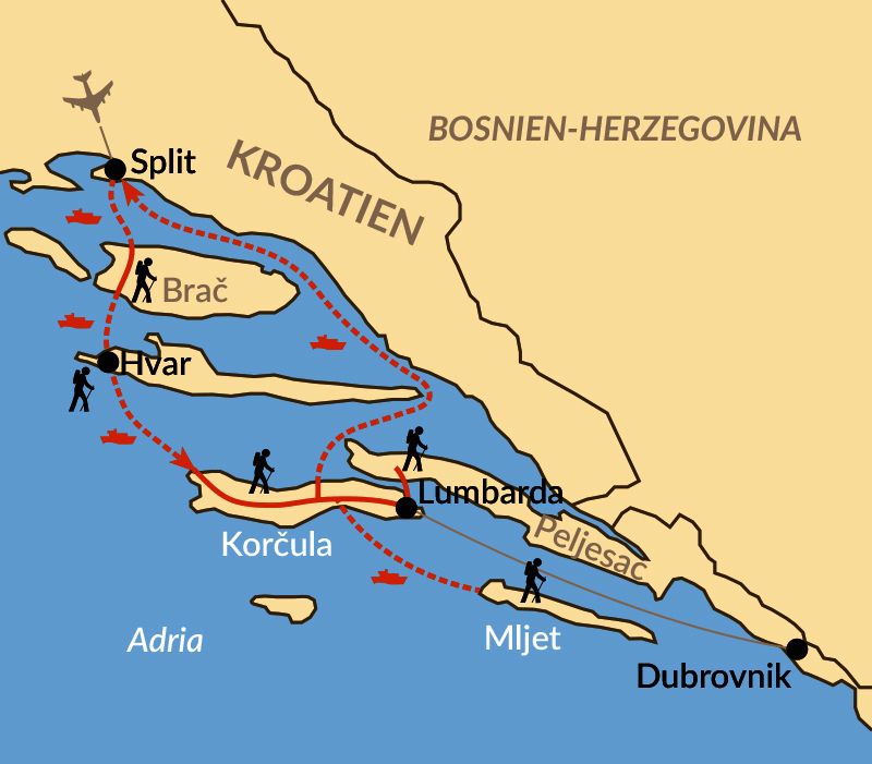 Karte: Wandern, Baden und Genuss auf den Dalmatinischen Inseln