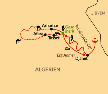 Karte: Sahara - Wüstentrekking mit 7 Tage Kameltrekking im einzigartigen Afara