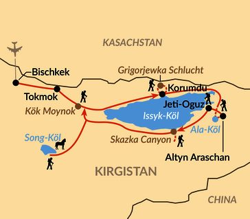 Karte:  Vom Issyk-Köl in die Berge der Nomaden – Trekkingabenteuer Kirgistan