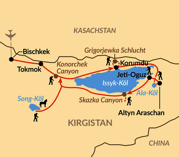 Karte:  Vom Issyk-Köl in die Berge der Nomaden – Trekkingabenteuer Kirgistan