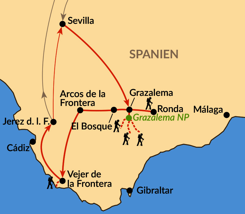 Karte: Andalusien: Wanderwoche zwischen Sevilla, Ronda und Atlantik