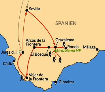 Karte: Andalusische Wanderwoche im Naturpark Grazalema und am Atlantik