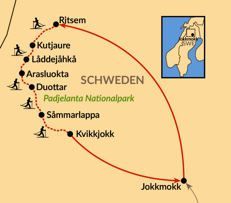 Karte: Mit Backcountryski durch den Padjelanta-Nationalpark