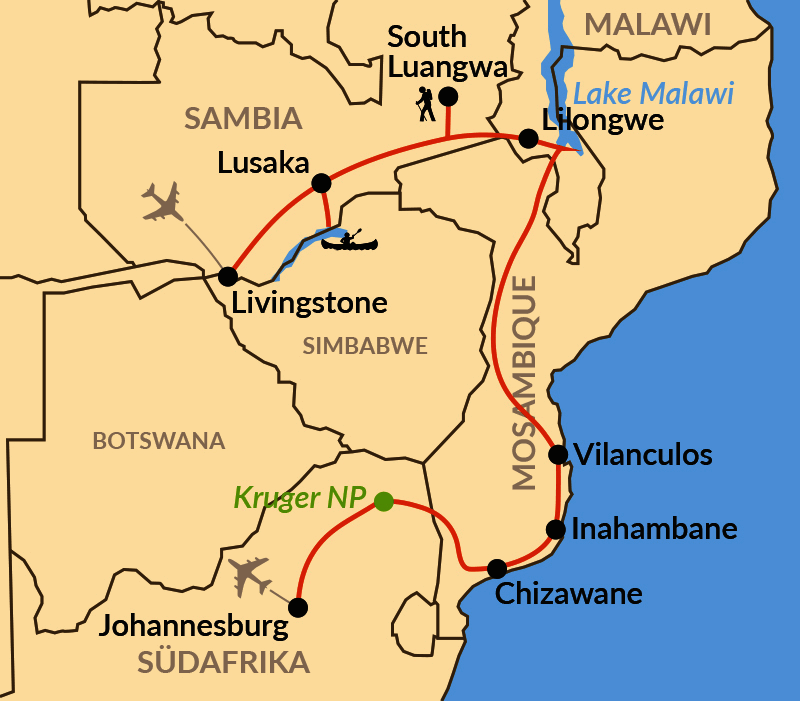 Karte: Von den Victoriafällen zum Kruger-Nationalpark