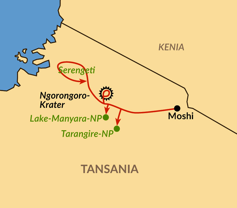 Karte: Reisebaustein: Individuelle Kurz-Safari im Norden Tansanias als idealer Anschluss