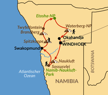 Karte: Namibias Highlights von Sossusvlei bis zum Etosha-Nationalpark
