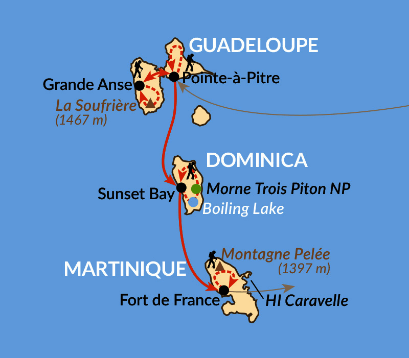 Karte: Zu Fuß durch Guadeloupe, Dominica und Martinique