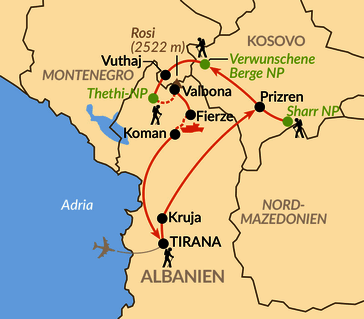 Karte: In den „Verwunschenen Bergen“ – Albanische Alpen und Kosovo